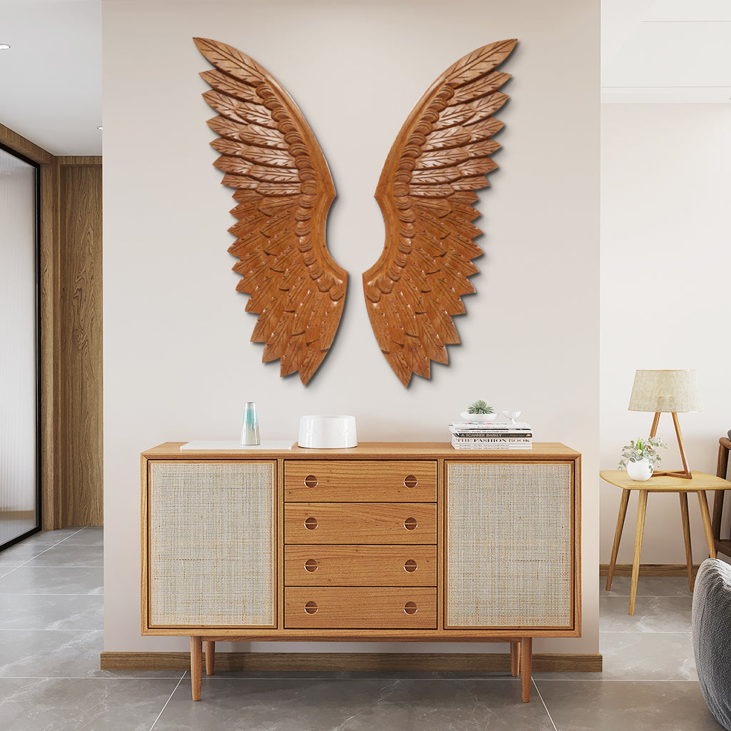 Handcrafted 'Harmonious Wings' wooden art piece, capturing serene aesthetics and refined carving techniques